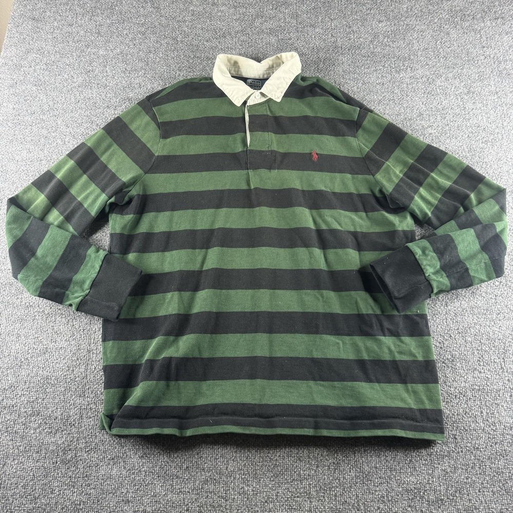 Polo Ralph Lauren Rugby Shirt Mens 2XL Green Black Striped Custom Fit Logo Long
